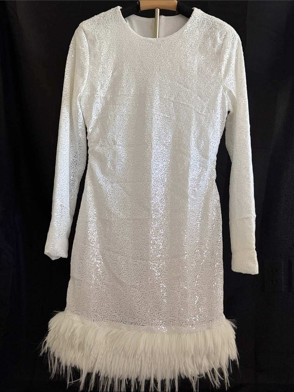 White Sequin Feather-Hem Dress